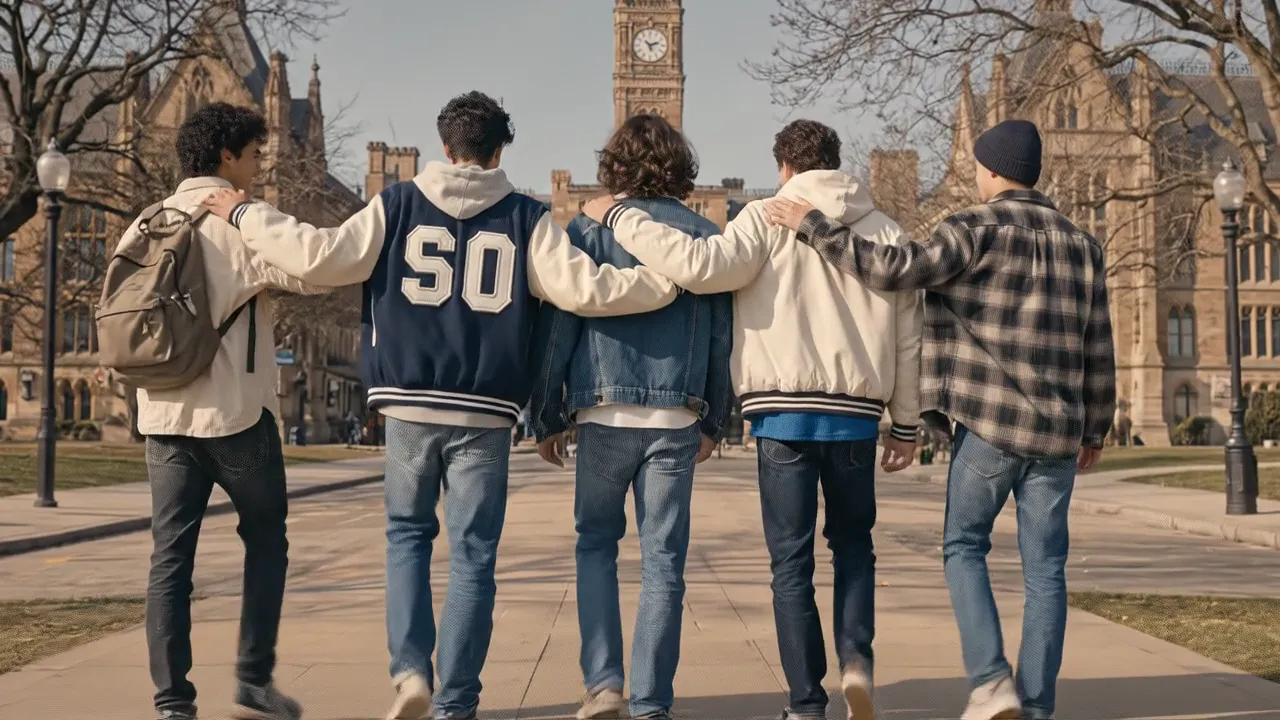Jack & Jones AW'26 campaign, five friends walking through a campus in denim