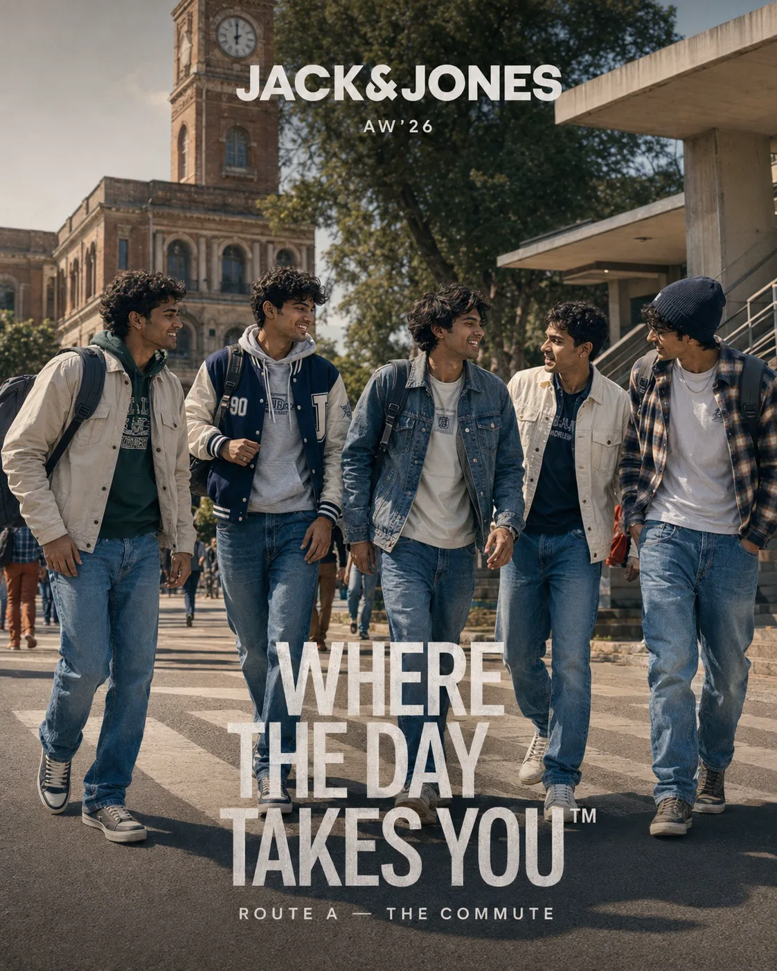 Route A key visual — five friends crossing campus in Jack & Jones denim