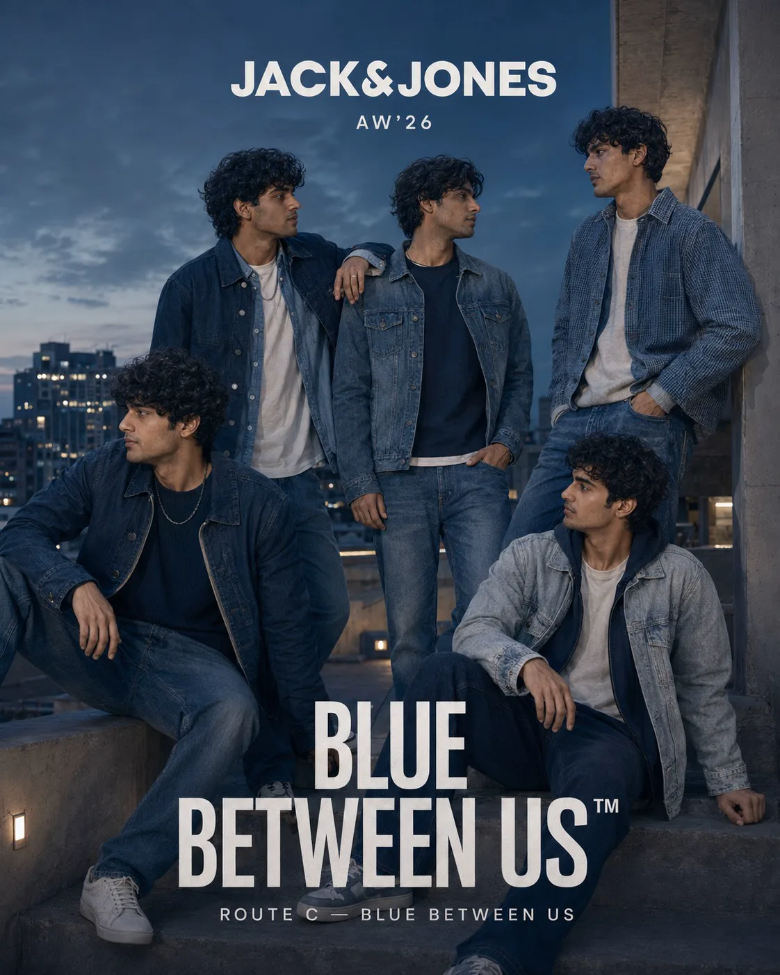 Route C key visual — rooftop group at twilight in all-blue denim