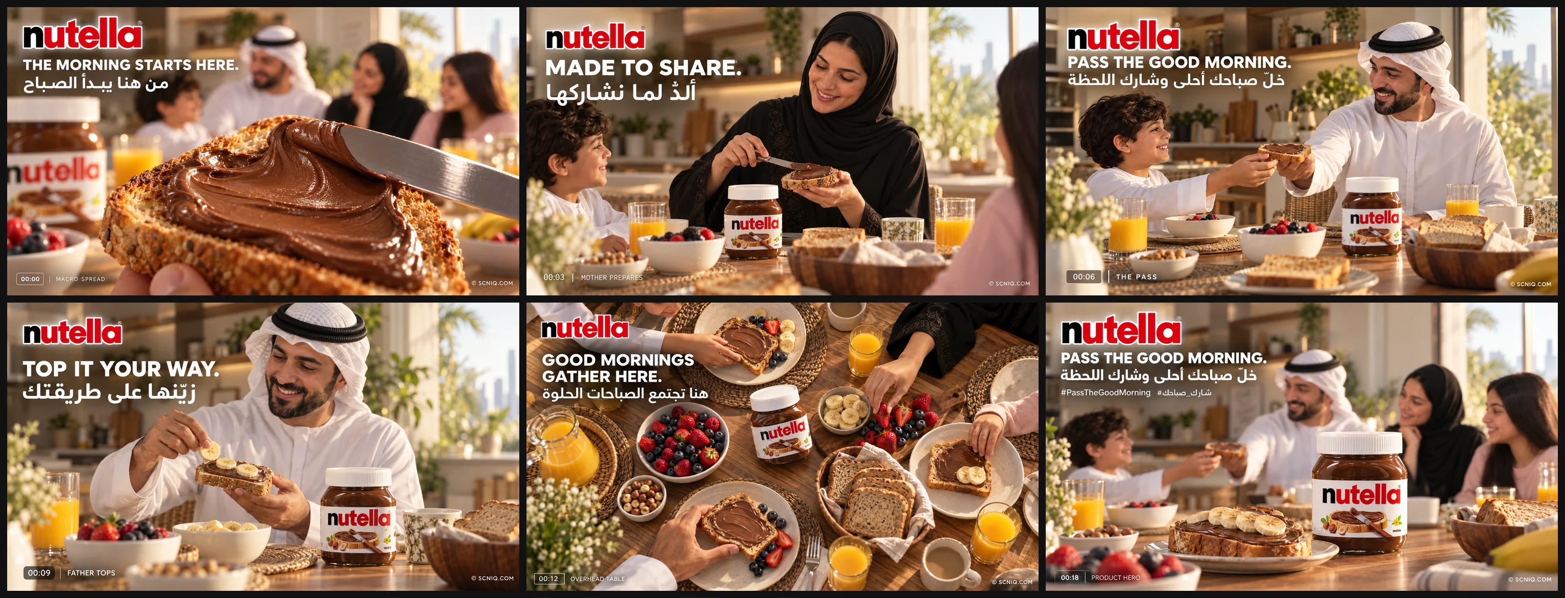 Six frames of the Nutella spot in a grid: macro spread, mother spreading toast, the pass, father topping with banana, overhead table and product hero