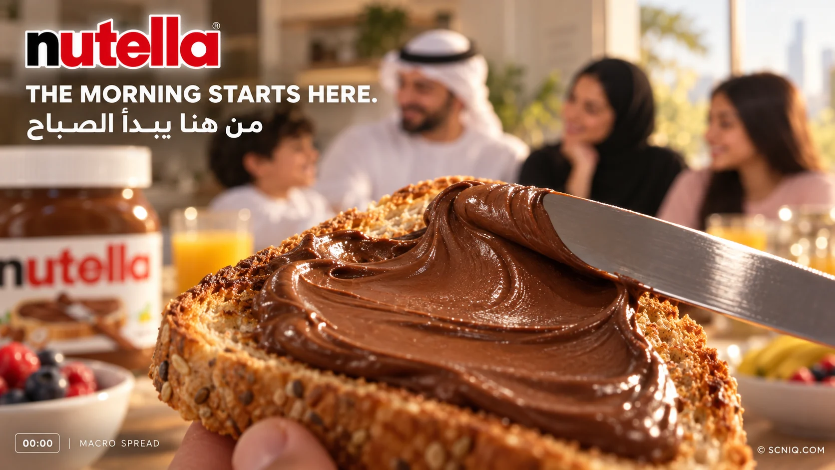 Macro shot of a knife spreading Nutella on seeded toast, with the jar and a blurred family at the breakfast table behind