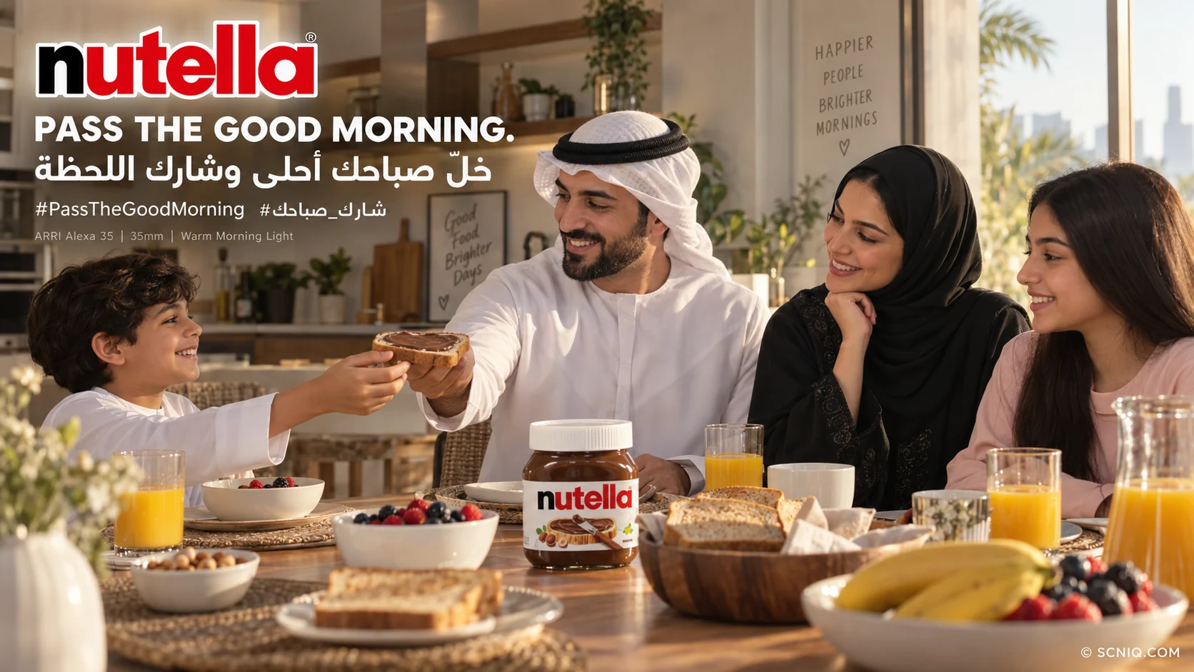 Wide master frame of the family at breakfast, the son passing Nutella toast to his father while mother and daughter smile, with the bilingual line and hashtags top left