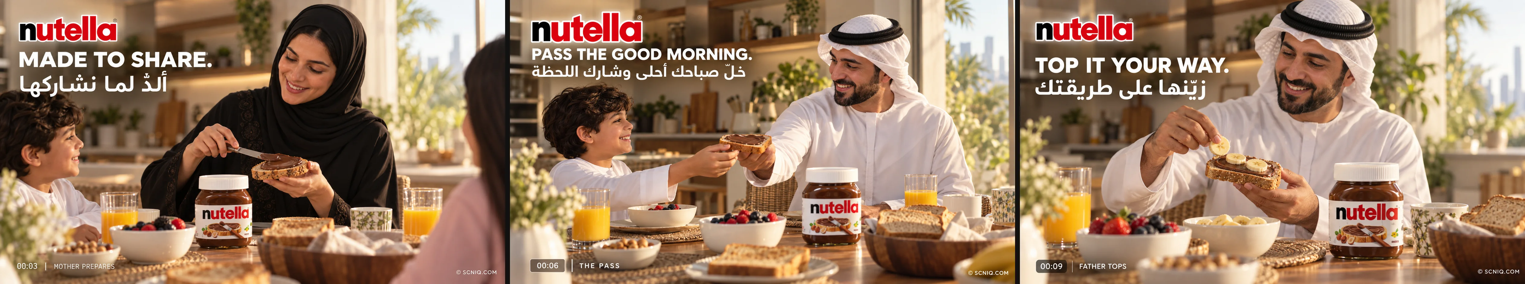 Three frames in a row: a mother spreading Nutella on toast, a son passing the slice to his father, and the father topping his toast with banana